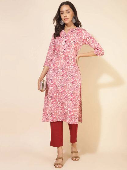 Pink Cotton Floral Printed Straight Kurti for Women with Notch Neck – L & XL