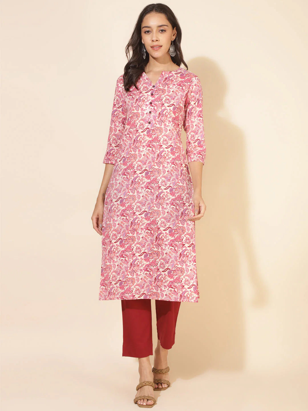 Pink Cotton Floral Printed Straight Kurti for Women with Notch Neck – L & XL