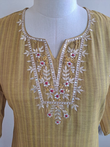 Digital Chanderi Kurta Set with Sequence and Zari Pittan Embroidery, Cotton Pant and Printed Dupatta
