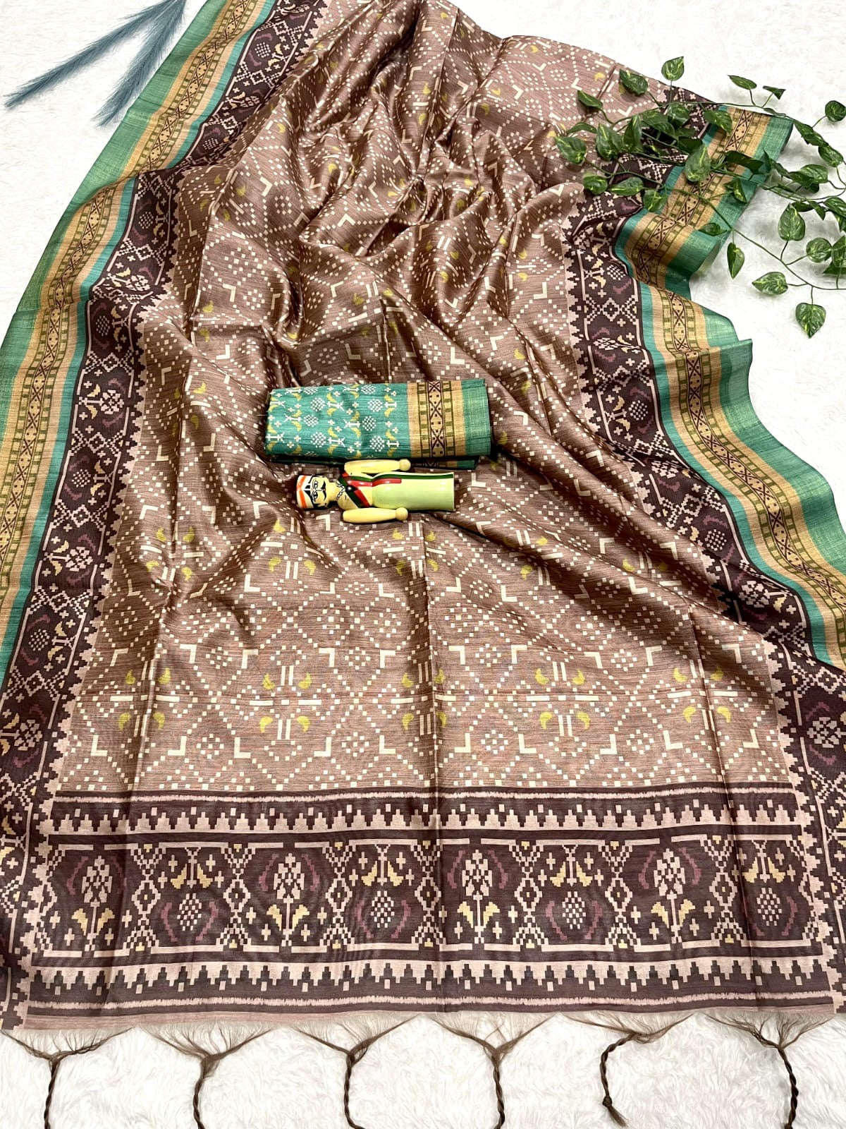 Soft Raw Silk Ikat Print Saree with Tassel Border and Contrast Blouse Piece