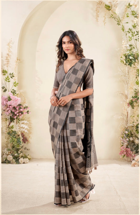 linen silk saree with checked pattern and floral border – lightweight ethnic wear for women