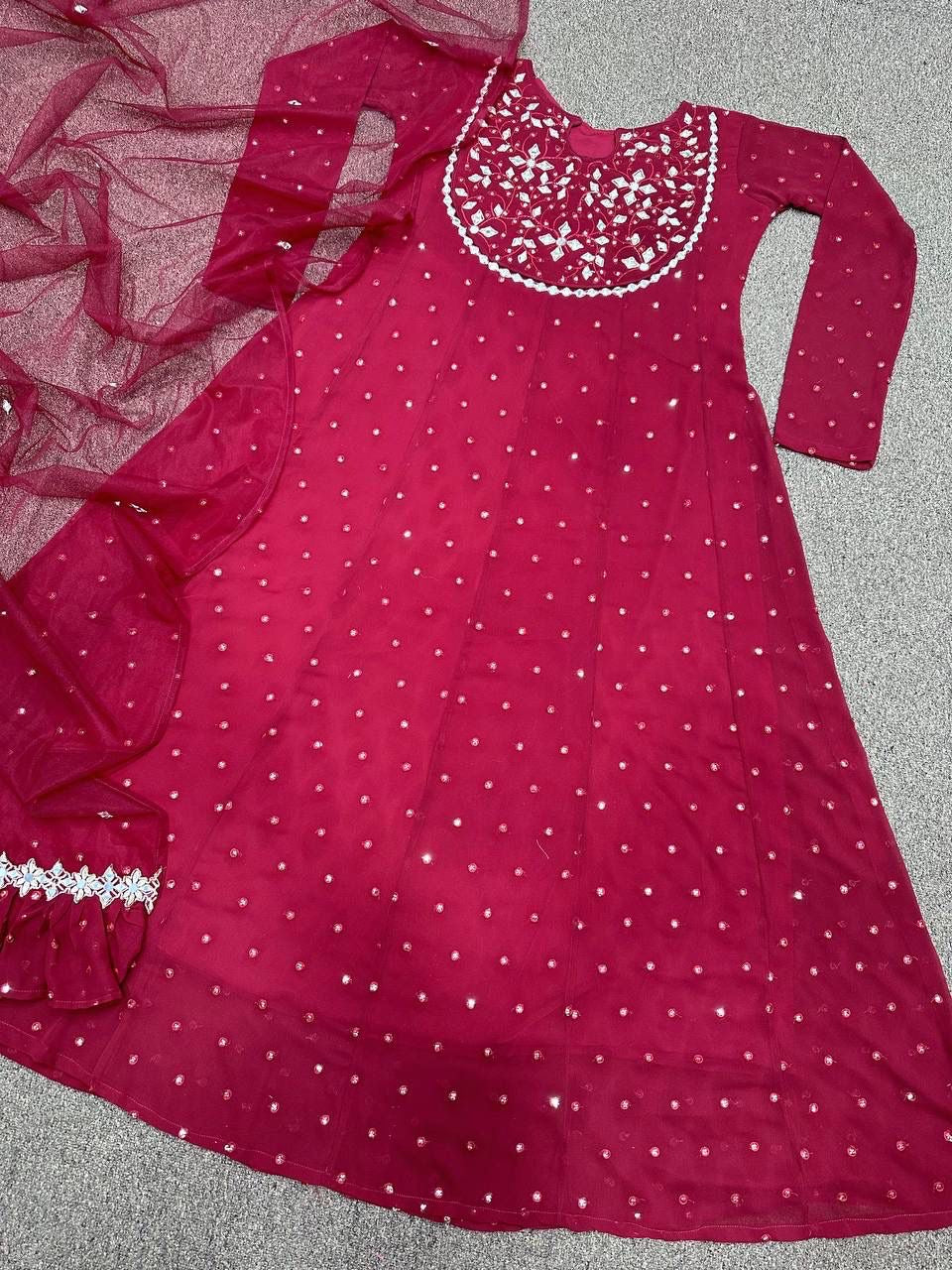 Faux Georgette Embroidered Gown with 5mm Sequins and Real Mirror Work – XL with XXL Margin – Dupatta Set