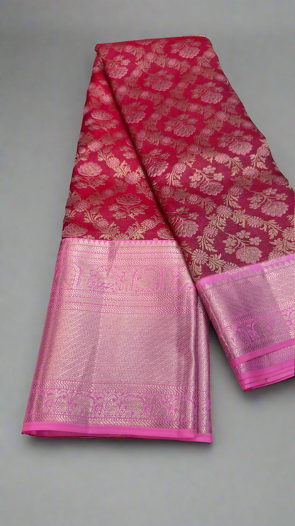 Handloom Kanchi Silk Saree with Silver Zari Weaving in Maroon for Women