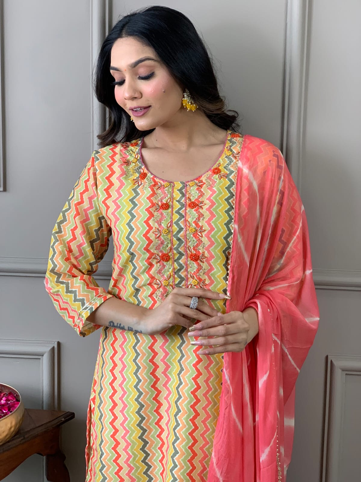 Chanderi Silk Digital Print Kurta Pant Dupatta Suit Set with Embroidery and Chiffon Dupatta – Sizes 38 to 44