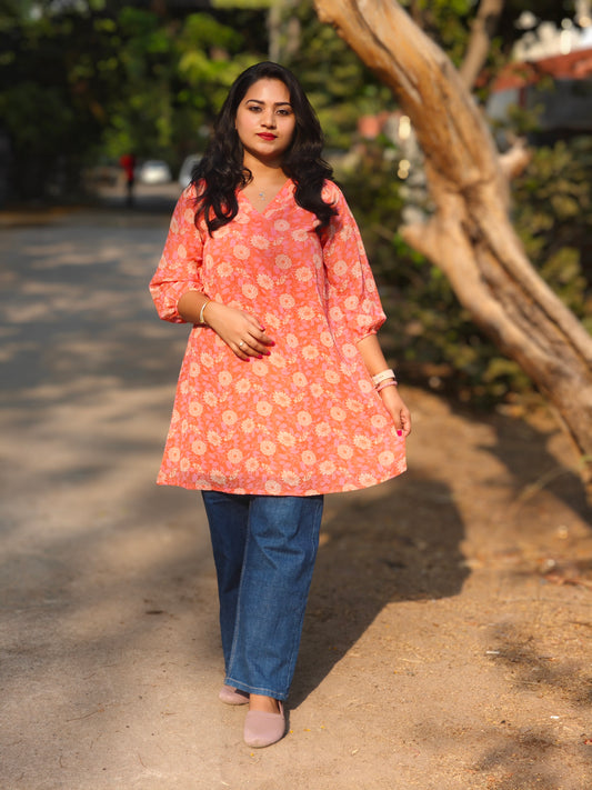 Floral Printed Gathered Tunic for Women with V-Neck and 3/4th Sleeves – Sizes L & 3XL