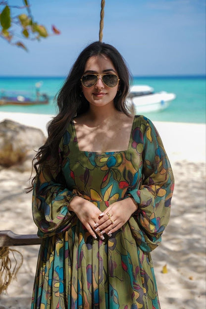 Women’s Floral Fox Georgette Maxi Dress with Frills – Sizes S to XXXL