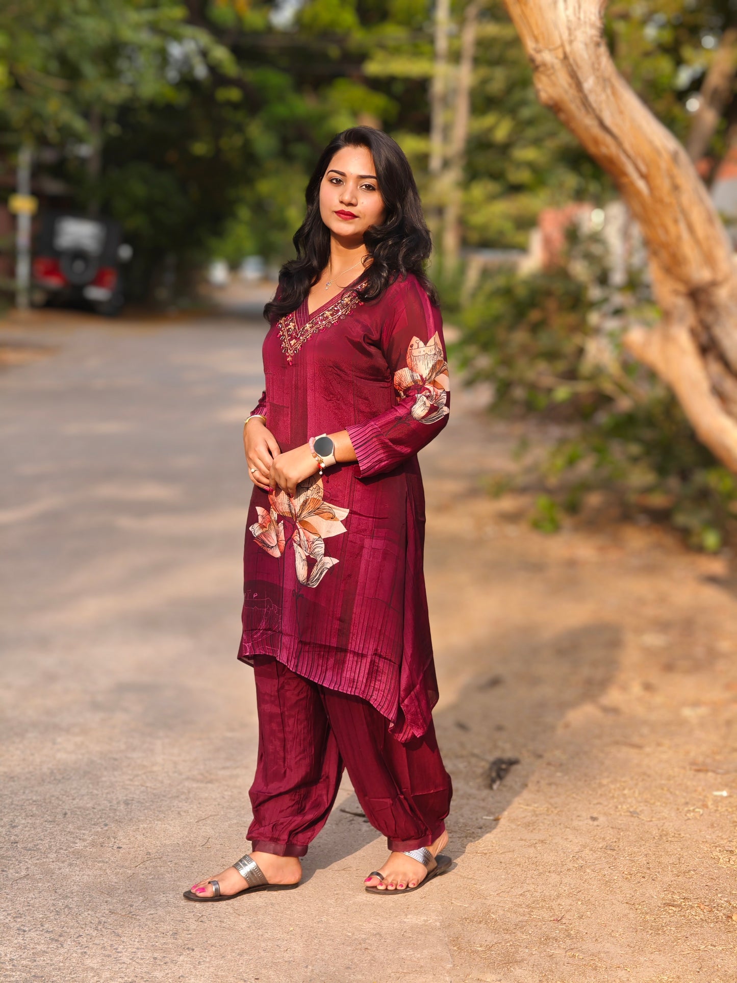 Viscose co-ord set for women with floral print and embroidery – fully stitched festive ethnic outfit