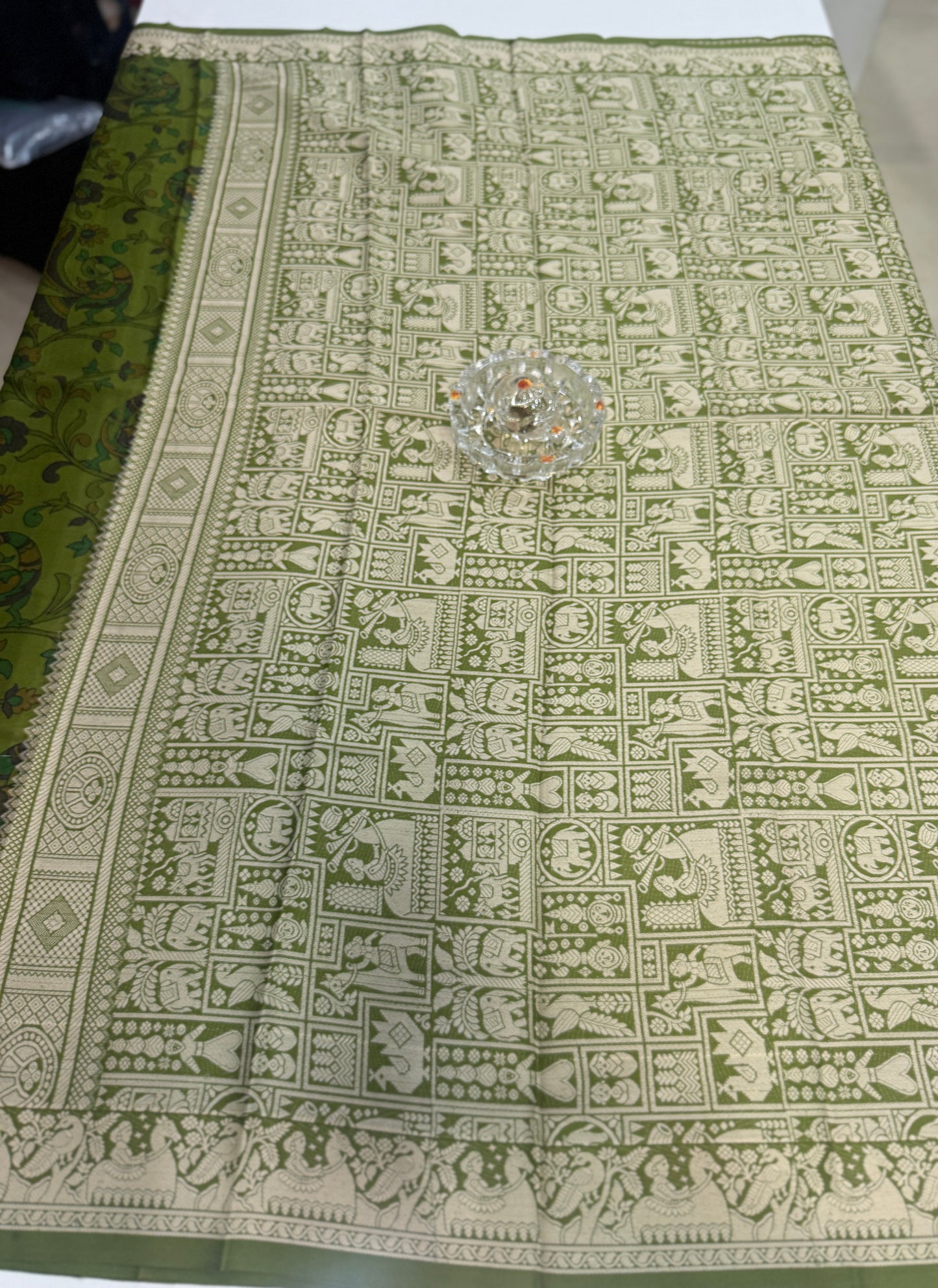 Pure Crepe Mysore Silk Saree for Women – Kalamkari Print with Kathan Border, 75 Gram, Silk Mark Certified