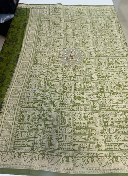 Pure Crepe Mysore Silk Saree for Women – Kalamkari Print with Kathan Border, 75 Gram, Silk Mark Certified