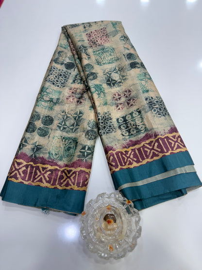 Semi Tussar Silk Saree with Ethnic Print Border and Tassel Pallu, Geometric Prints