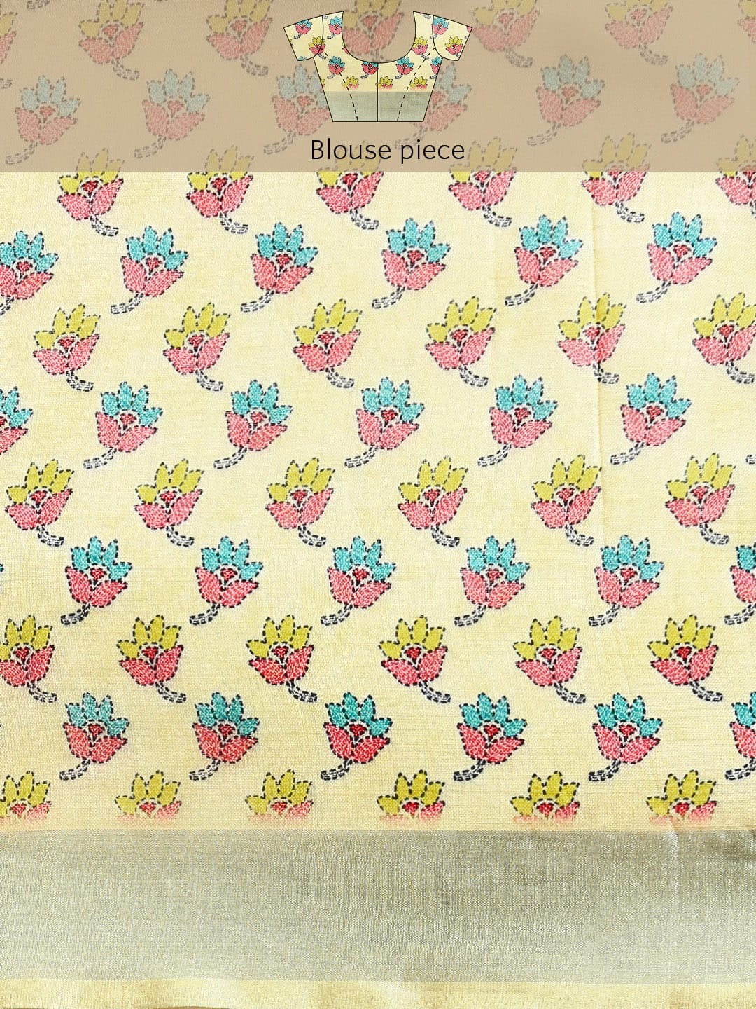 Soft Pure Linen Saree with Floral Print, Kantha Lotus Border, Zari Lining, and Running Blouse