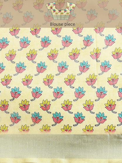 Soft Pure Linen Saree with Floral Print, Kantha Lotus Border, Zari Lining, and Running Blouse