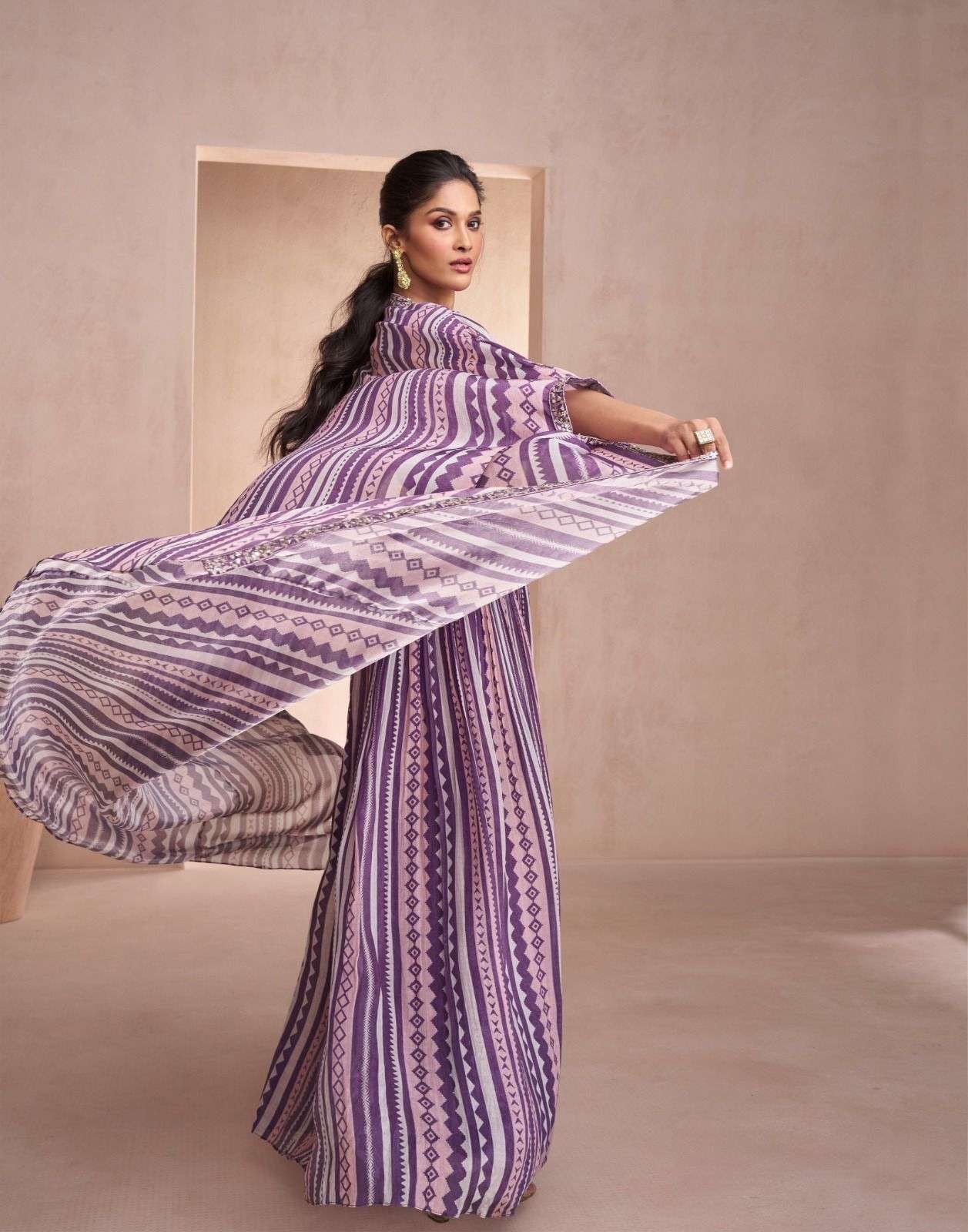 Real Chinon Silk and Georgette Embroidered 1-Piece Free Size Stitched Outfit for Women