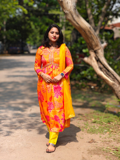 Yellow Chinnon Alia Cut Gown with Dori, Pearl, and Daliya Work and Dupatta for Women