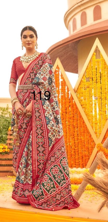 Patola Sigma Silk Saree with Aqwa Finish and Gold Print Waist Belt for Women