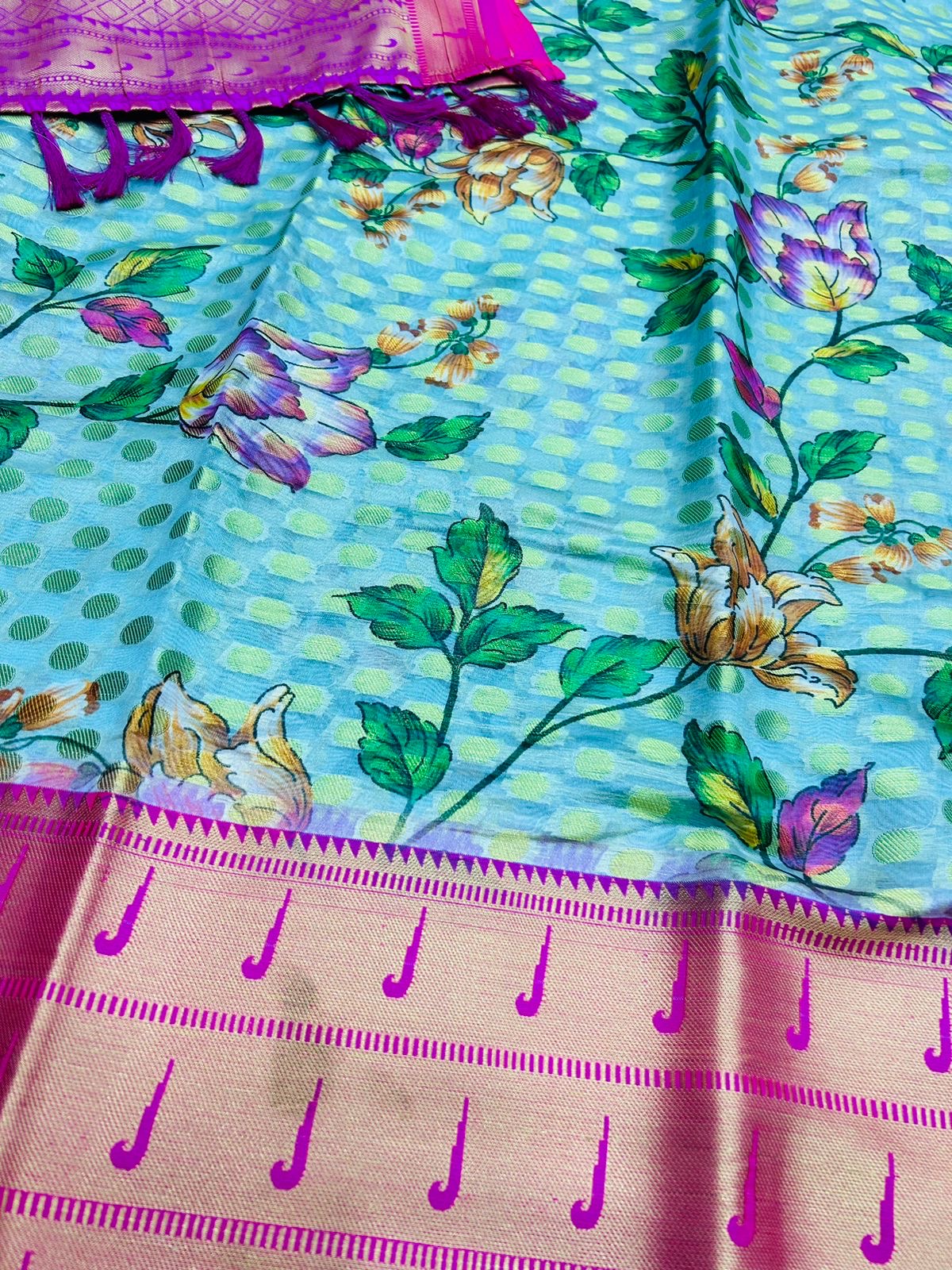 Paithani Silk Saree with Digital Print, Goli Zari Weaving and Tassel Pallu – Contrast Blouse