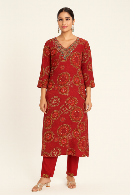 Natural Crepe Kurta Set with Mirror Handwork and Printed Viscose Dupatta – XL to 3XL Sizes