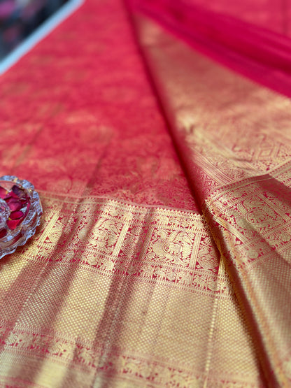 Bright Red Handloom Mulberry Silk Saree with Gold Zari Weaving and Blouse Piece for Women