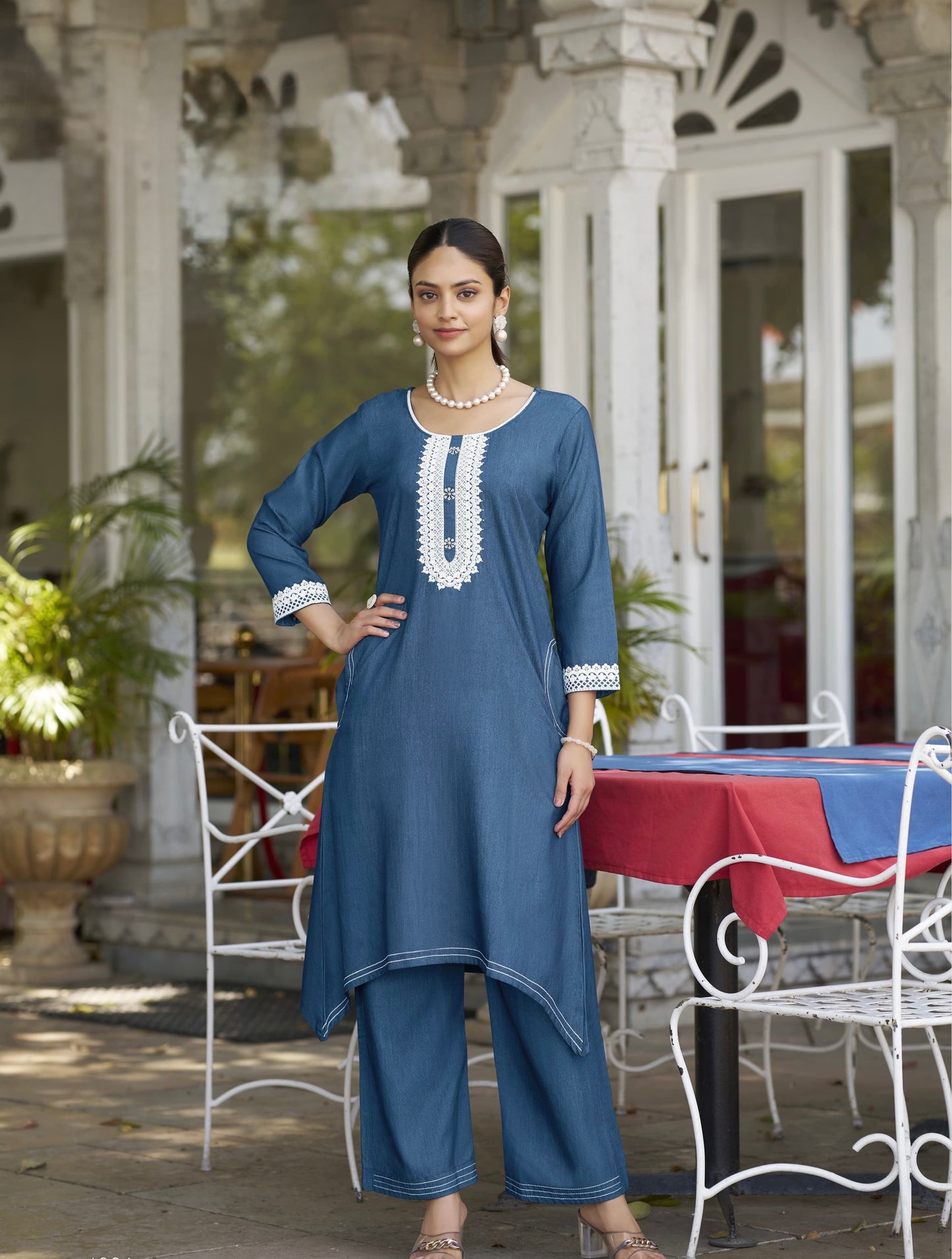 Premium Fancy Denim Co-Ord Set for Women with Thread Work – Fish-Cut Top and Pocket Pant