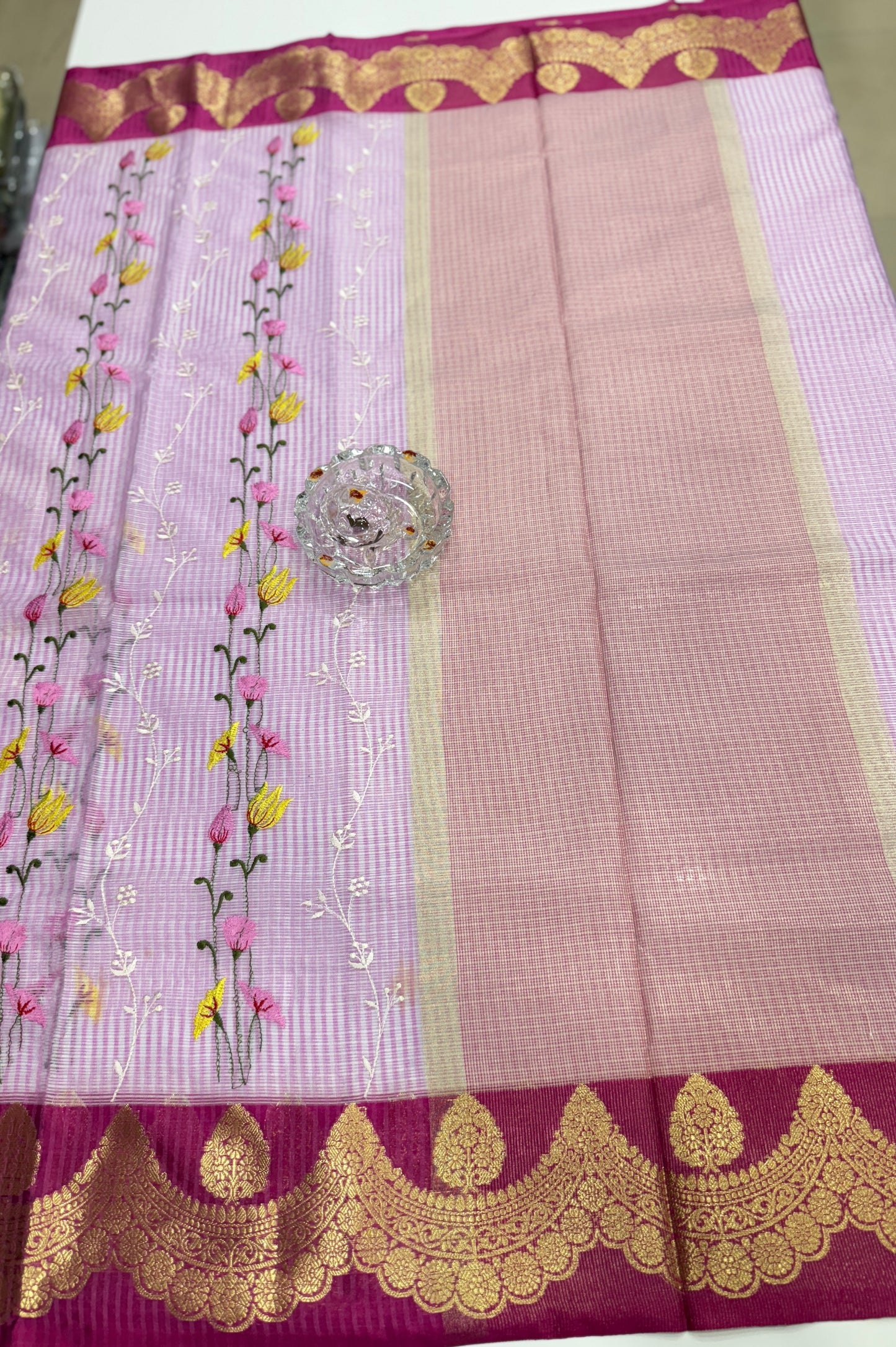 Banarasi handloom Kota check saree with mina embroidery, scalloped border and zari chit pallu