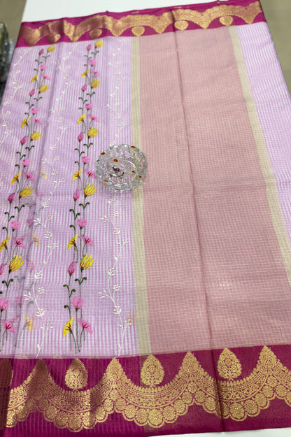 Banarasi handloom Kota check saree with mina embroidery, scalloped border and zari chit pallu