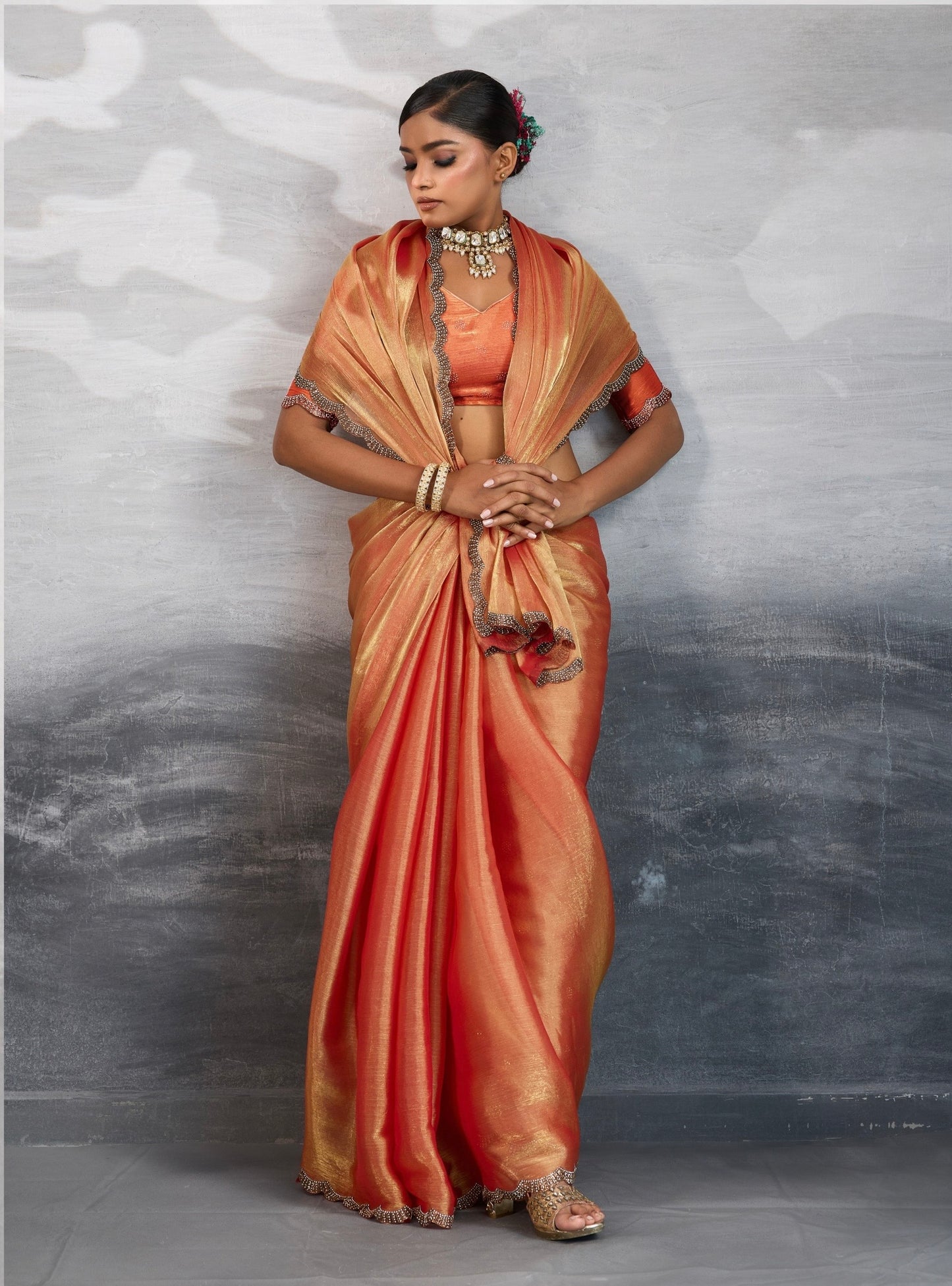 Burberry Chiffon Saree with Zarkan and Cutdana Appliqué Lace Work – Designer Party Wear Saree for Women