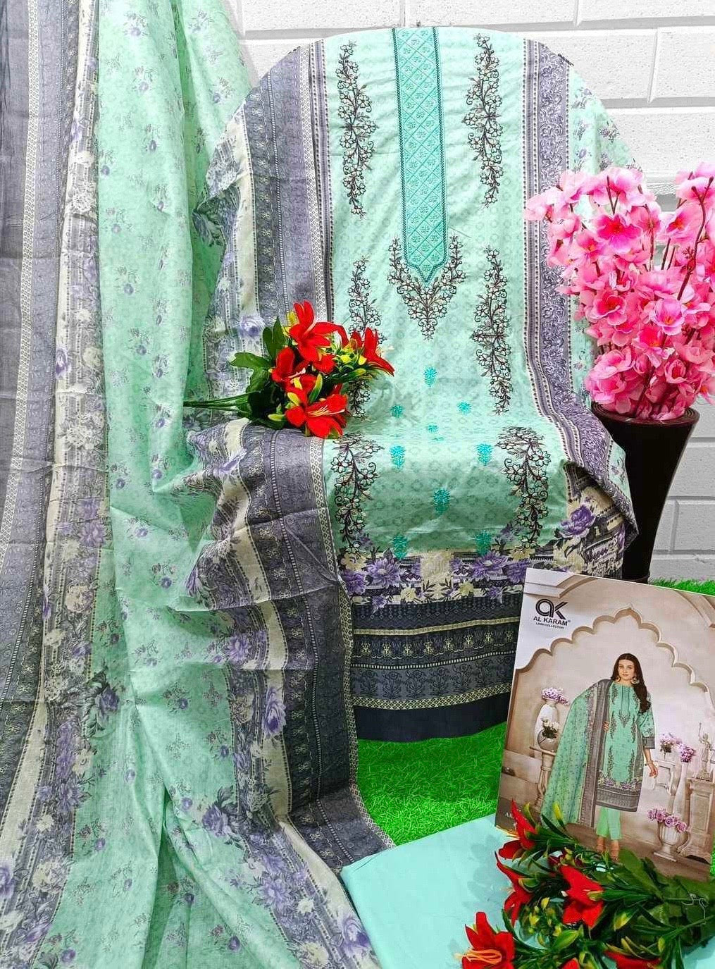 Unstitched Pure Cotton Cambric Suit Material with Self Embroidery and Mal Mal Dupatta