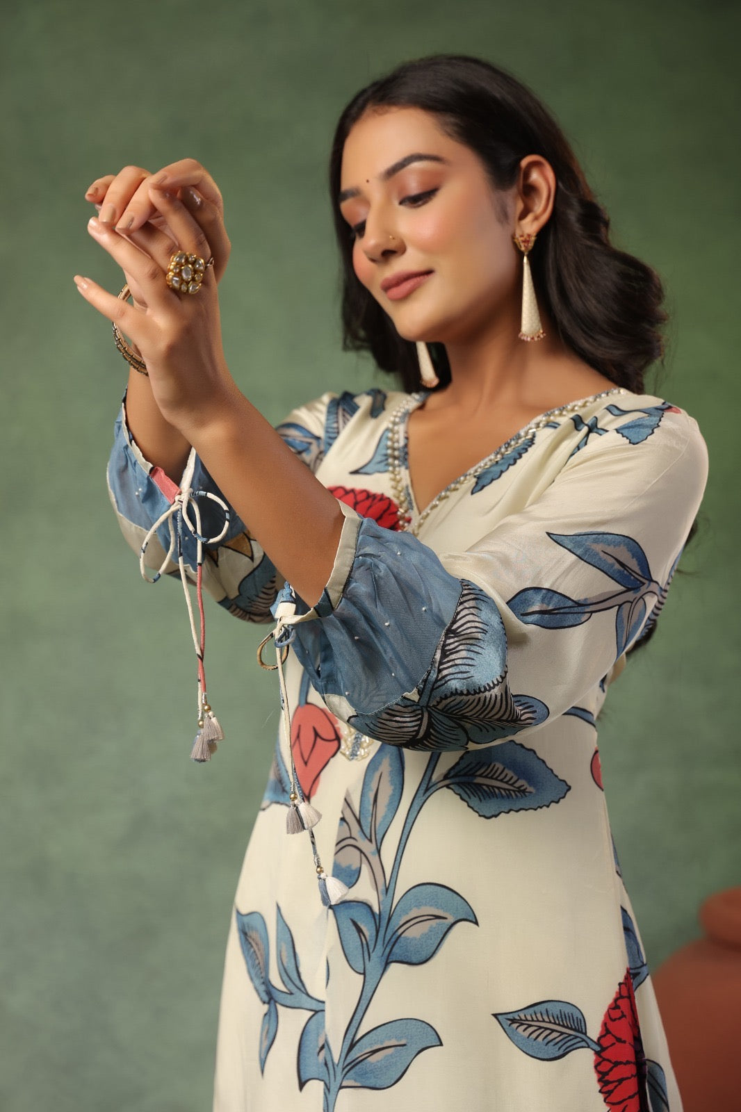 Pure Crepe Kurti Pant Dupatta Set for Women with Intricate Bits Work – Sizes 38 to 44