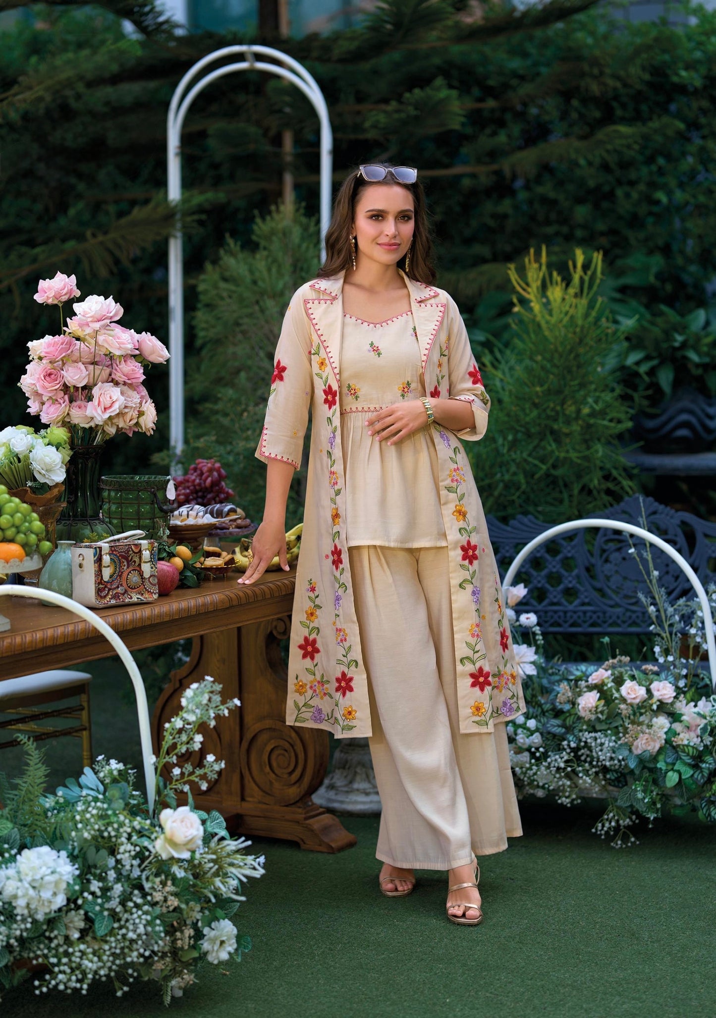 Viscose Organza 3-Piece Suit Set with Hand Embroidery and Silk Pants for Women