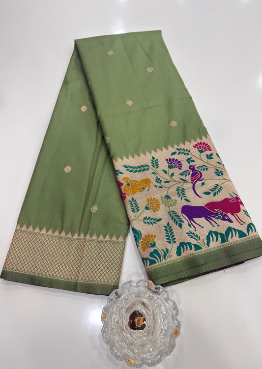 Paithani printed soft silk saree with zari-style border and contrast blouse for women