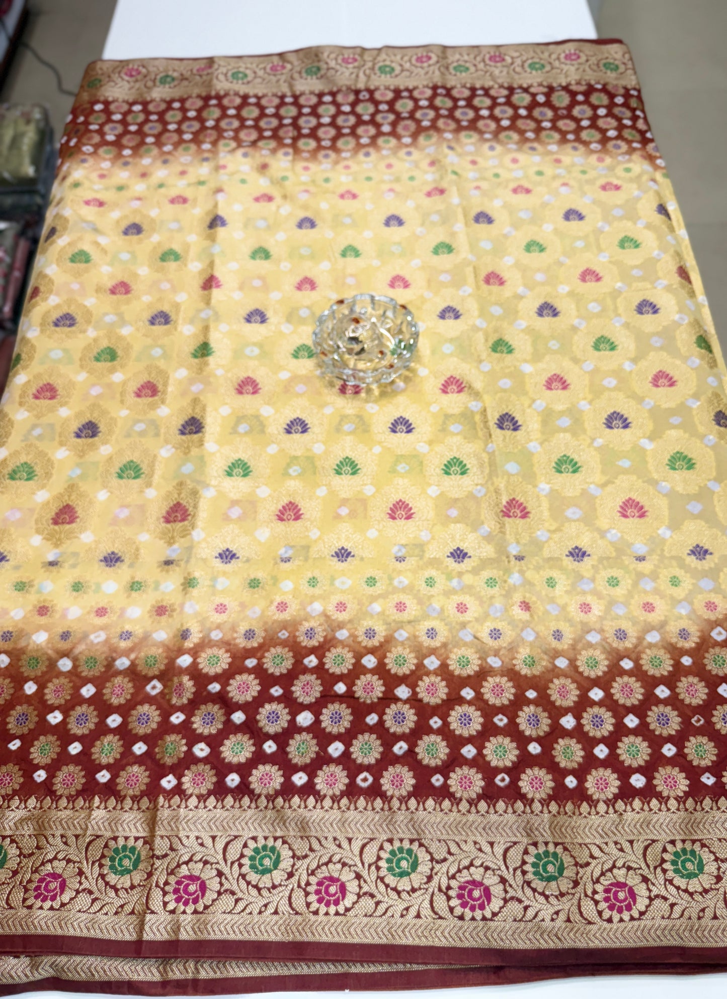 Banarasi dupiyan bandhani saree with semi-weaving neemjari work and hand chunri craftsmanship