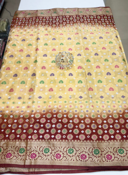 Banarasi dupiyan bandhani saree with semi-weaving neemjari work and hand chunri craftsmanship