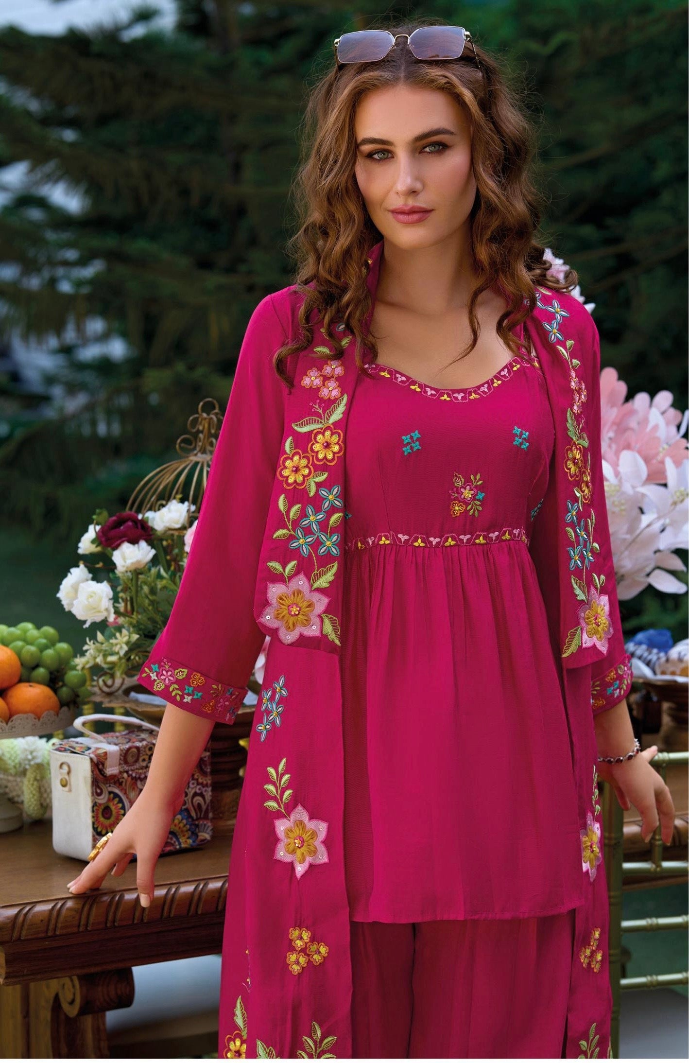 Viscose Organza 3-Piece Suit Set with Hand Embroidery and Silk Pants for Women