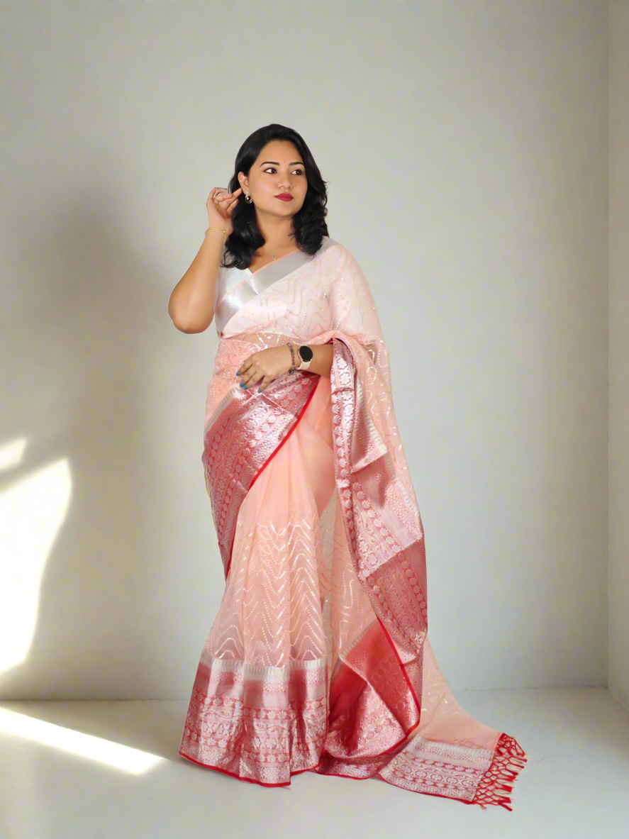 Kanchipuram Organza Saree with Viscose Thread Work and Satin Blouse for Women