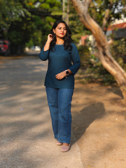 Women’s Indigo Short Top with Embellished Neckline – Sizes M to 2XL