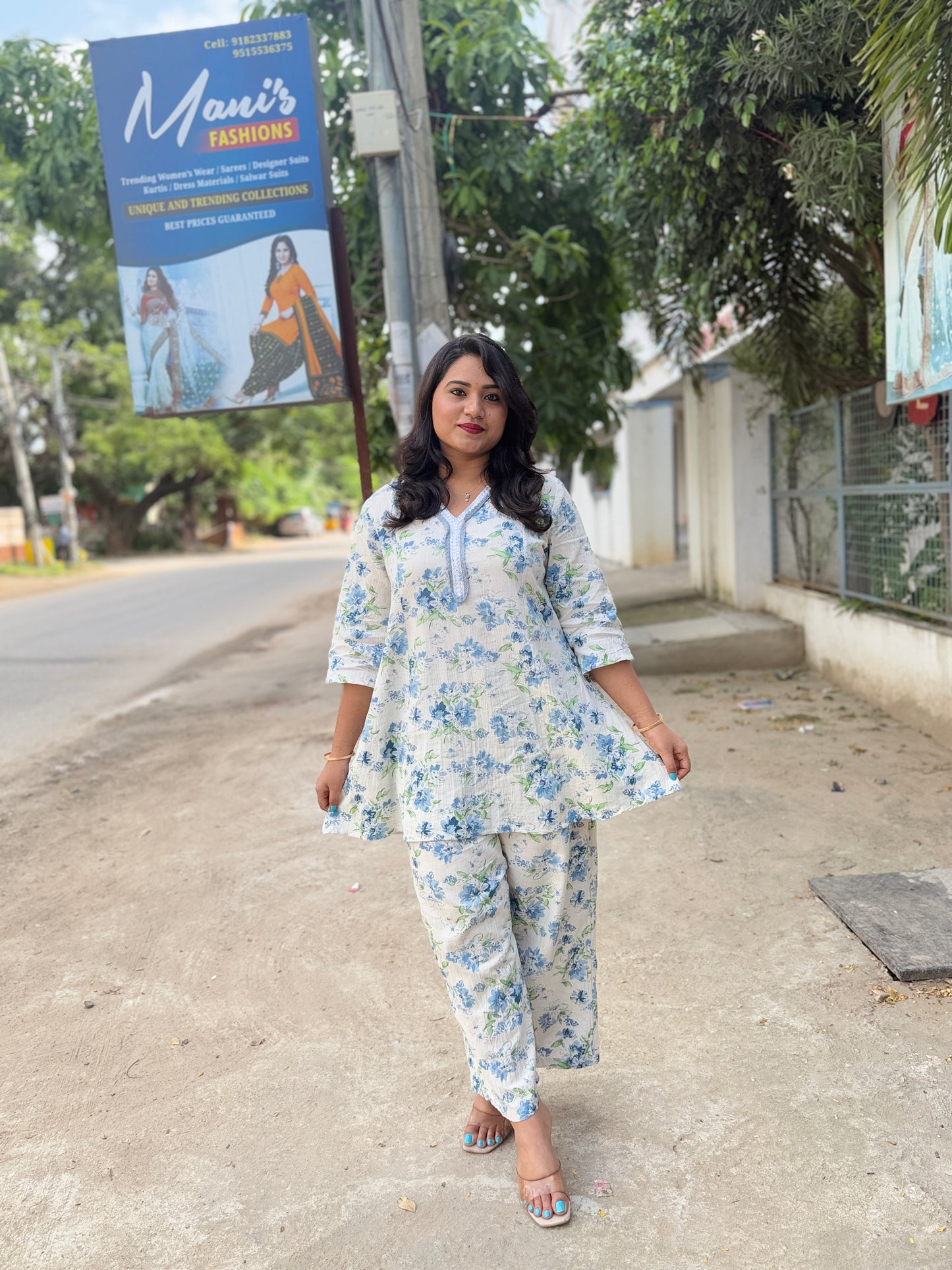 Off-White Cotton A-line Co-ord Set for Women with Yoke Embroidery and Floral Print