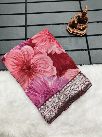 Women’s Heavy Chiffon Georgette Saree with Floral Print, Silver Border and Jacquard Blouse