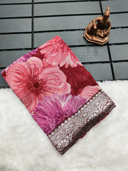 Women’s Heavy Chiffon Georgette Saree with Floral Print, Silver Border and Jacquard Blouse