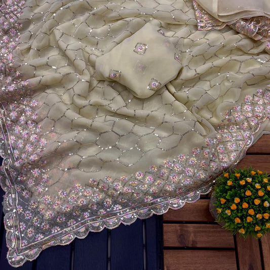 Women’s Pure Georgette Saree with Multi-Sequence Design, Viscose Border and Matching Blouse