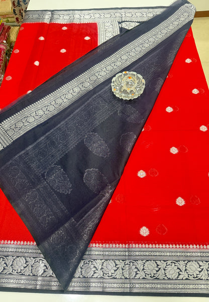 Banarasi semi georgette silk saree with silver zari buti design, contrast pallu and woven border for women