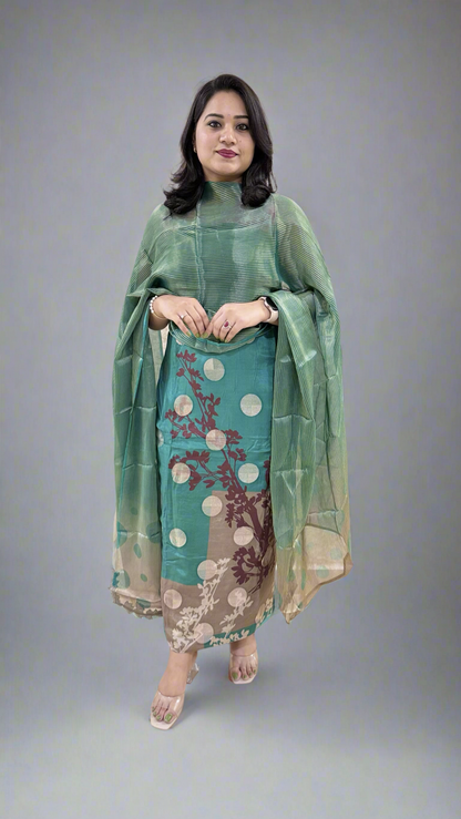 Unstitched Muslin Jacquard Dress Material with Digital Print, Canvas Satin Bottom and Silk Embroidered Dupatta