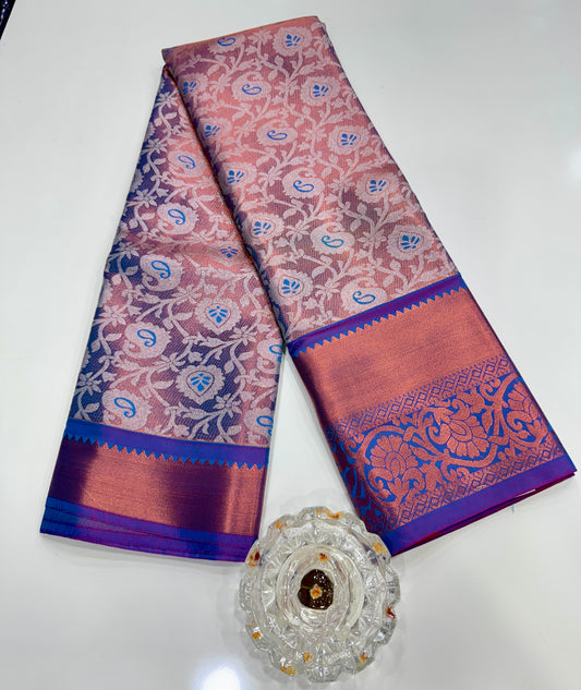 Bridal tissue saree for women with woven zari work and contrast border, kanchipuram style powerloom saree with blouse fabric