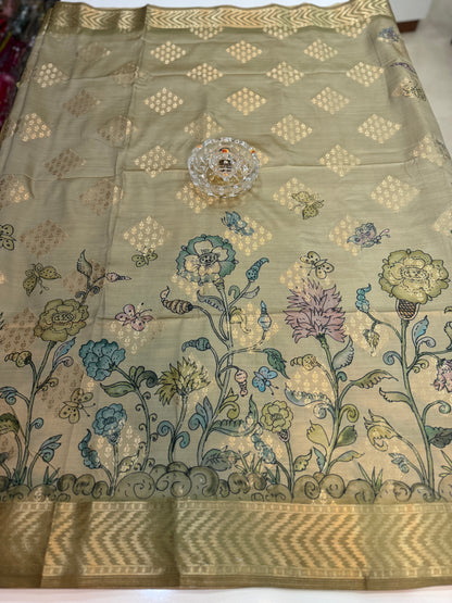 Bamboo Silk Floral Printed Saree with Rich Decorative Pallu, Rich Floral Kalamkari Style Prints