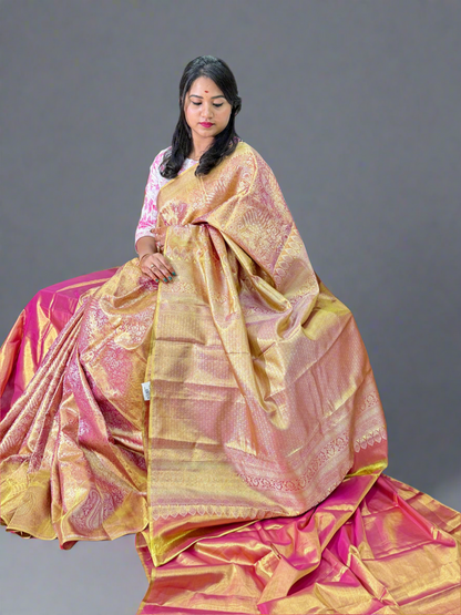 Pure Silk Borderless Saree in Golden Yellow and Magenta with Rich Zari Weaving – Wedding Saree