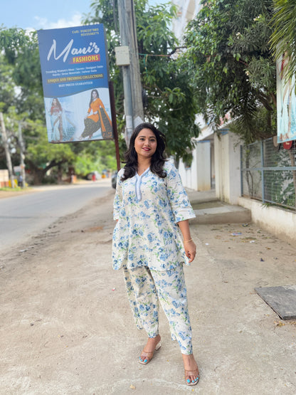 Off-White Cotton A-line Co-ord Set for Women with Yoke Embroidery and Floral Print