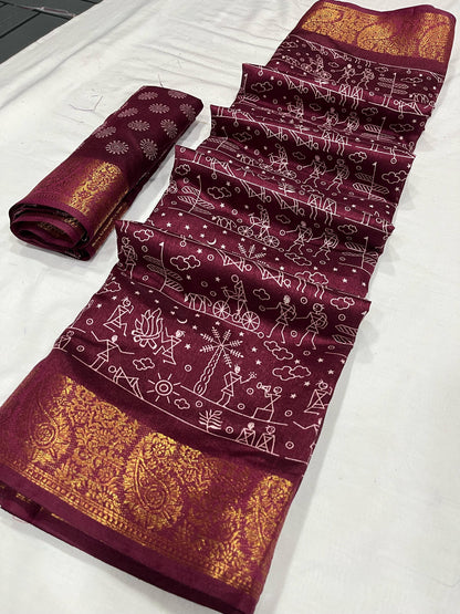 Soft Tussar Silk Slub Digital Print Saree with Golden Zari Weaving Border and Contrast Blouse