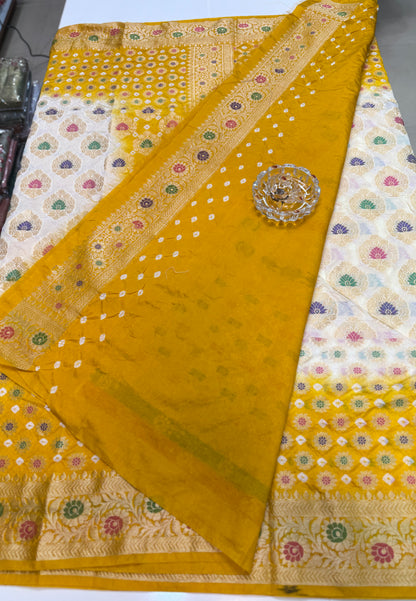 Banarasi dupiyan bandhani saree with semi-weaving neemjari work and hand chunri craftsmanship