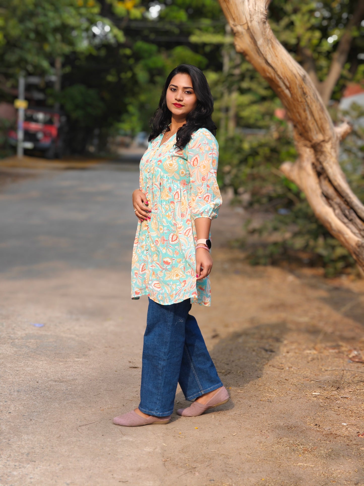 Sea Blue Georgette Floral Printed Gathered Tunic for Women – m to 3XL