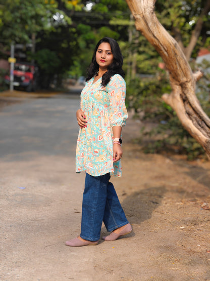 Sea Blue Georgette Floral Printed Gathered Tunic for Women – m to 3XL