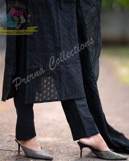 Pure Cotton Schiffli Embroidered Kurti Pant Dupatta Set for Women – Sizes 38 to 44 – 3-Piece Set